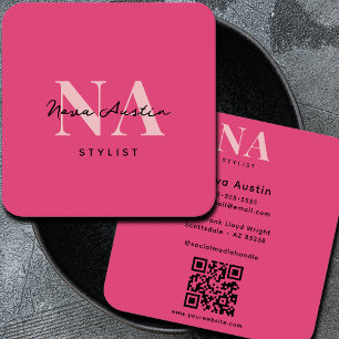 Cartão De Visita Quadrado Monograma Luxo Estética Tendência Código QR Rosa