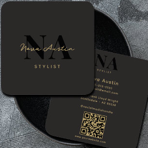 Cartão De Visita Quadrado Monograma Luxo Tendente Estética Dourado Preto Cód