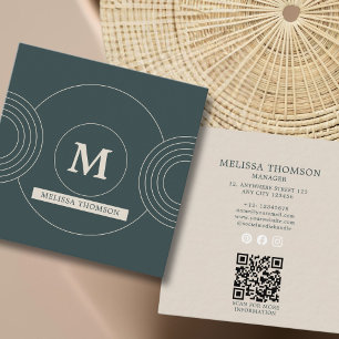 Cartão De Visita Quadrado Monograma Moderno de Linha Geométrica Verde Elegan