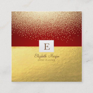 Cartão De Visita Quadrado Monograma Moderno Elegante Dourado Confete,Vermelh