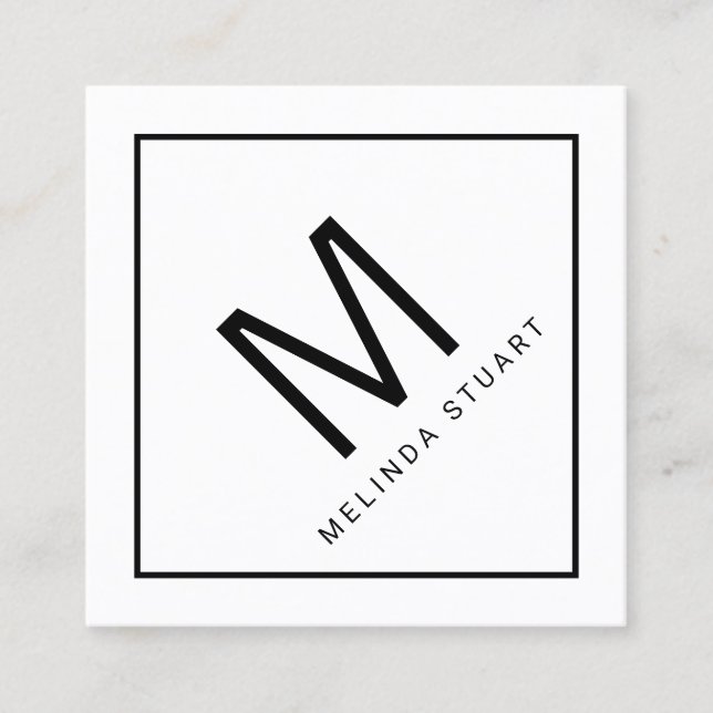 Cartão De Visita Quadrado Monograma Moderno Preto e Branco (Frente)
