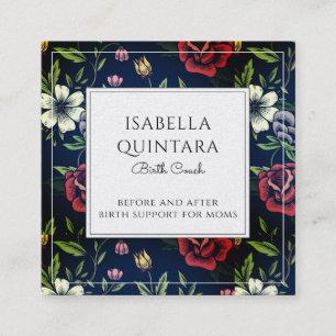 Cartão De Visita Quadrado Monogrammed Floral Birth Coach Doula