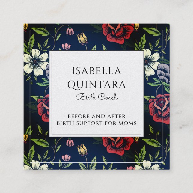 Cartão De Visita Quadrado Monogrammed Floral Birth Coach Doula (Frente)