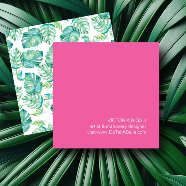 Cartão De Visita Quadrado Monstera Palm Folaves Tropicais (Girly business cards watercolor tropical monstera palm leaves by Victoria Grigaliunas)