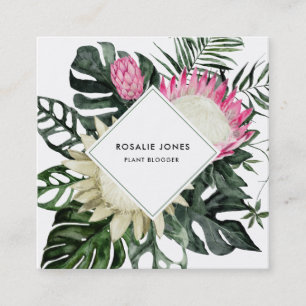 Cartão De Visita Quadrado Monstera Tropical Deixa Aquarela Flor Proteico