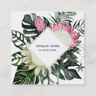 Cartão De Visita Quadrado Monstera Tropical Deixa Aquarela Flor Proteico