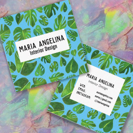 Cartão De Visita Quadrado Monstera tropical deixa Design de aquarela