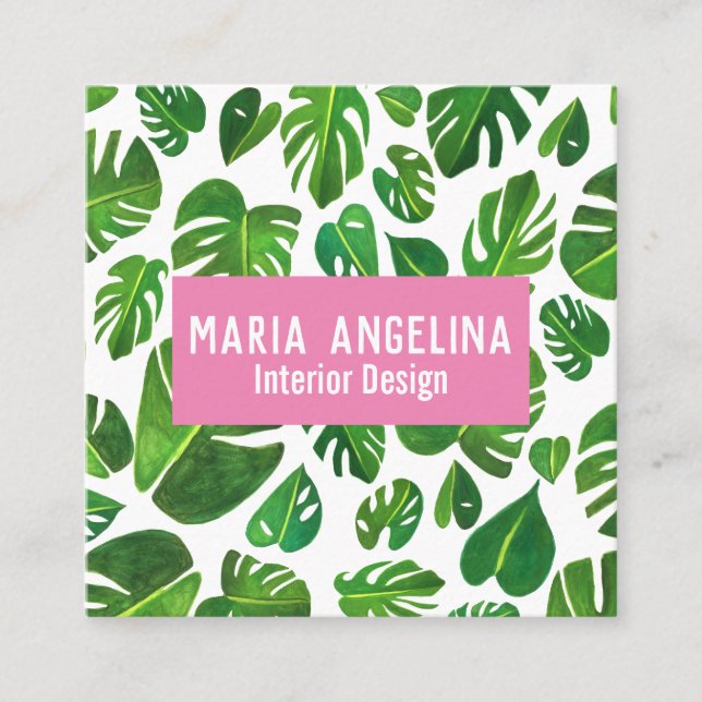Cartão De Visita Quadrado Monstera tropical deixa Design de aquarela (Frente)