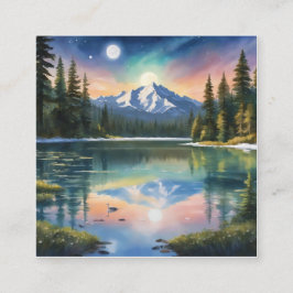 Cartão De Visita Quadrado Montanhas com capas de neve e um lago limpo.