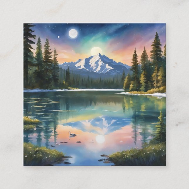 Cartão De Visita Quadrado Montanhas com capas de neve e um lago limpo. (Frente)