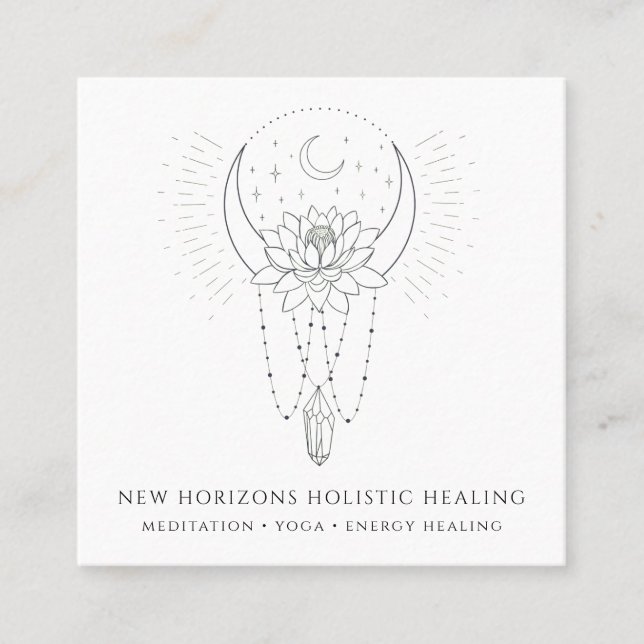 Cartão De Visita Quadrado Moon Lotus Flower Crystal Energy Healing Business (Frente)