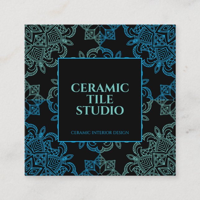Cartão De Visita Quadrado Mosaico preto azul verde sem costura (Frente)
