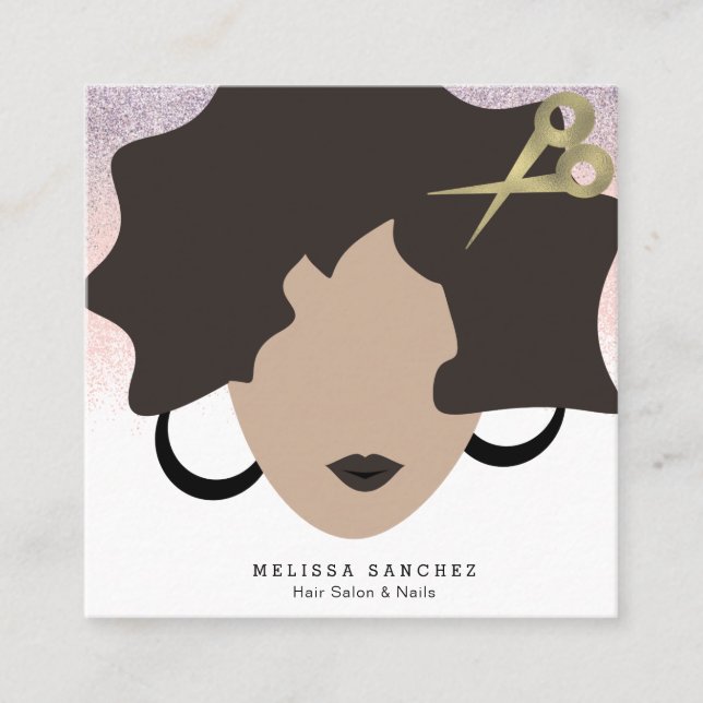 Cartão De Visita Quadrado Mulher Brown Hair Faux Dourada Glitter Salon Beaut (Frente)