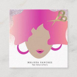 Cartão De Visita Quadrado Mulher Cabelo Rosa Falso Brilho Dourado Salão Bele