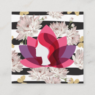 Cartão De Visita Quadrado Mulher Lotus  Flores  Borboletas