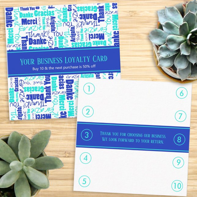 Cartão De Visita Quadrado Multilingual Agradeço a você a punção de fidelidad (Criador carregado)