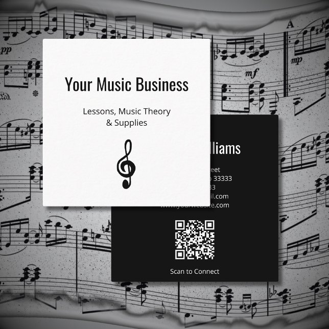 Cartão De Visita Quadrado Music Education Treble Clef Código QR Professor (Criador carregado)
