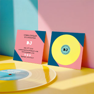 Cartão De Visita Quadrado Músico moderno amarelo-azul retrô dj vinil