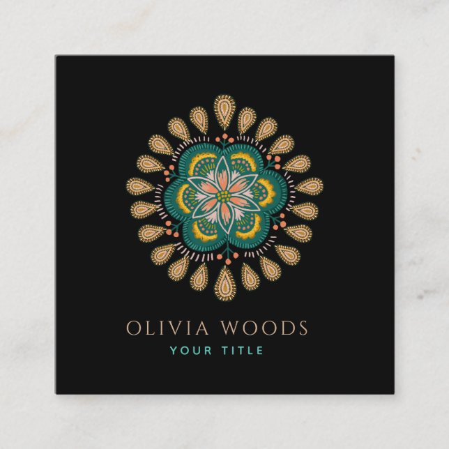 Cartão De Visita Quadrado Mystical Dark Boho Floral Mandala (Frente)