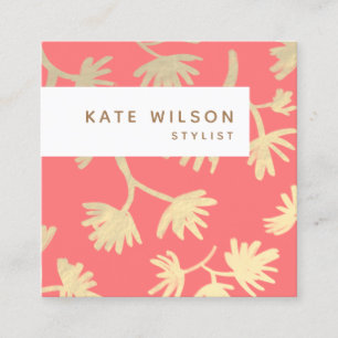 Cartão De Visita Quadrado Na moda Coral Dourado Padrão Floral Desenhado Da M