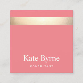 Cartão De Visita Quadrado Na moda Modern Dourado Stripe Coral Rosa