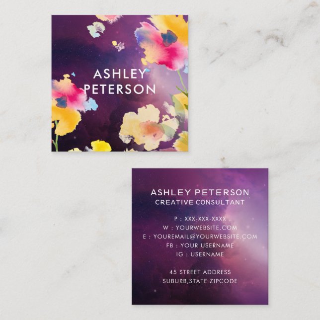 Cartão De Visita Quadrado Na moda Moderna Flores de Aquarelas Botânicas (Frente/Verso)