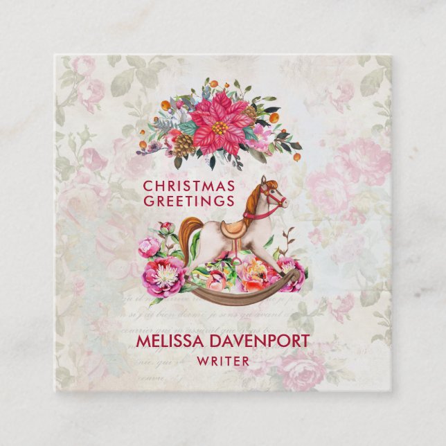 Cartão De Visita Quadrado Natal Vitoriano do Cavalo Rocking e Poinsettia (Frente)