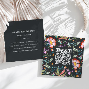 Cartão De Visita Quadrado Night Oasis   Padrão Floral Código QR