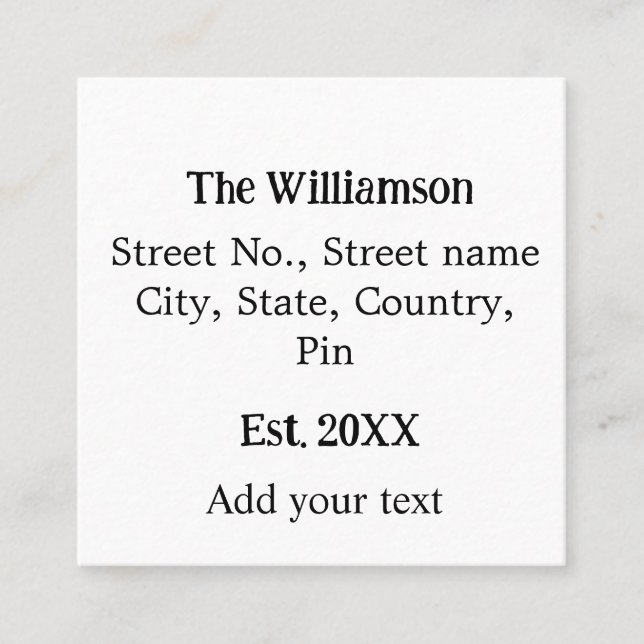 Cartão De Visita Quadrado nome da família endereço de retorno nome da adição (Frente)