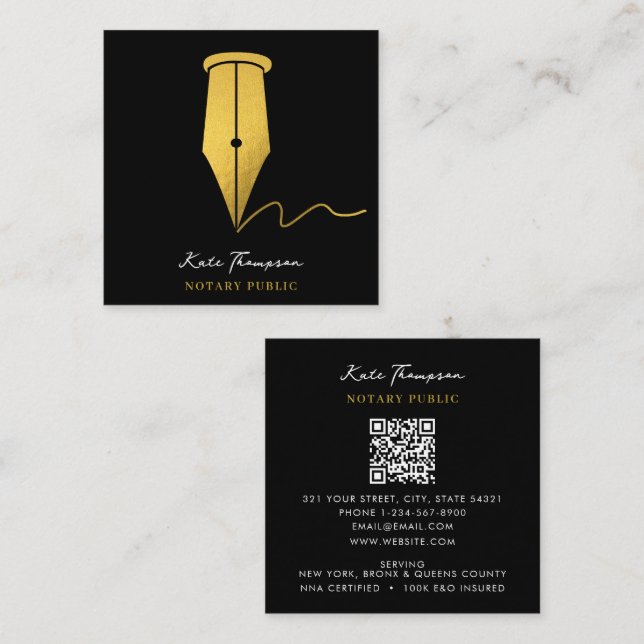 Cartão De Visita Quadrado Notary Signing Agent Calligraphy QR Code Gold (Frente/Verso)