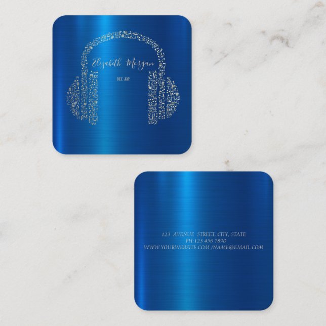 Cartão De Visita Quadrado Notas de música Douradas Fone de ouvido DJ Metálic (Frente/Verso)