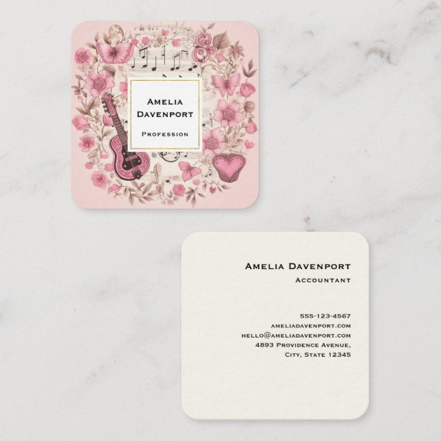 Cartão De Visita Quadrado Notas de Música e Flores Estilo Retroativo (Frente/Verso)
