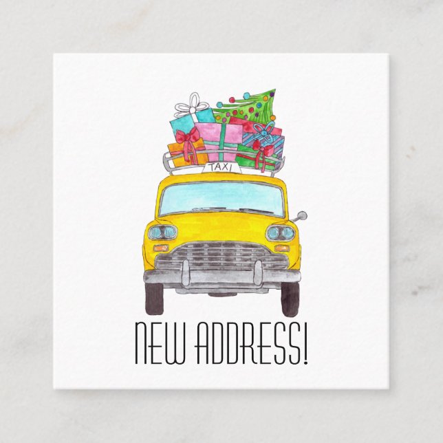 Cartão De Visita Quadrado Novo endereço Cabina amarela com presentes de Nata (Frente)