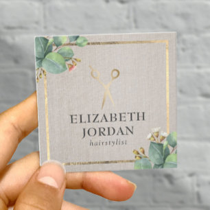 Cartão De Visita Quadrado O ouro do cabeleireiro Scissor o linho botânico d