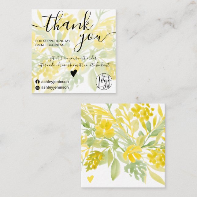 Cartão De Visita Quadrado Obrigado amarelo verde aquarela (Frente/Verso)
