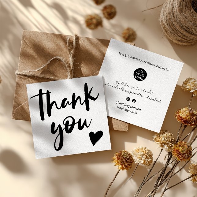 Cartão De Visita Quadrado Obrigado de letra preto e branco do script moderno (Modern script font black and white order thank you square business card)