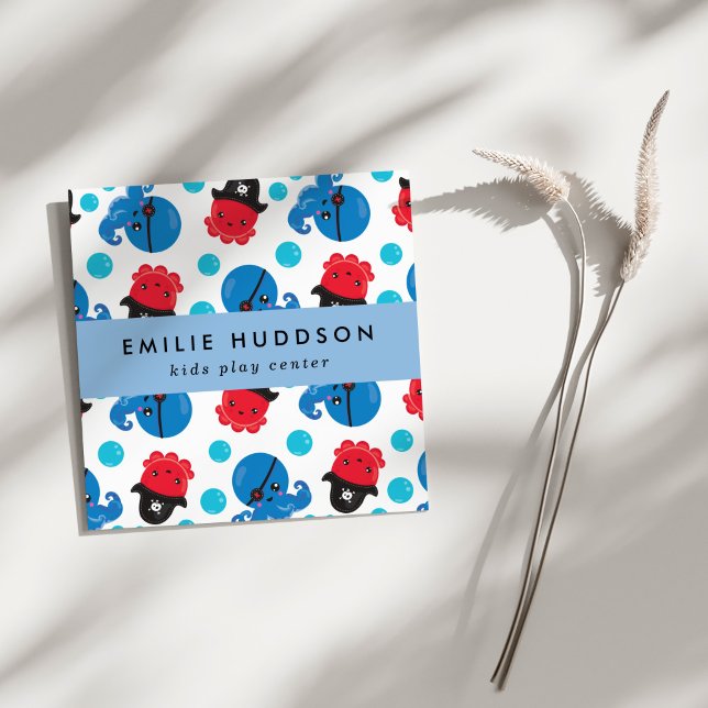 Cartão De Visita Quadrado Octopus Pirata, Kids Play Center, Centro de Ativid (Criador carregado)