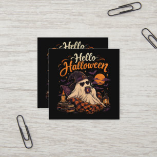 Cartão De Visita Quadrado Olá Halloween Fantasma Fofo Bebendo Café
