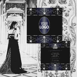 Cartão De Visita Quadrado Olhos pegando Ornamentado preto azul com logotipo