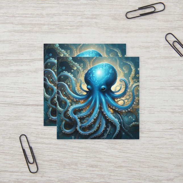 Cartão De Visita Quadrado Ondas Celestiais: A Arte Fractal Octopus Azul (Frente/Verso In Situ)
