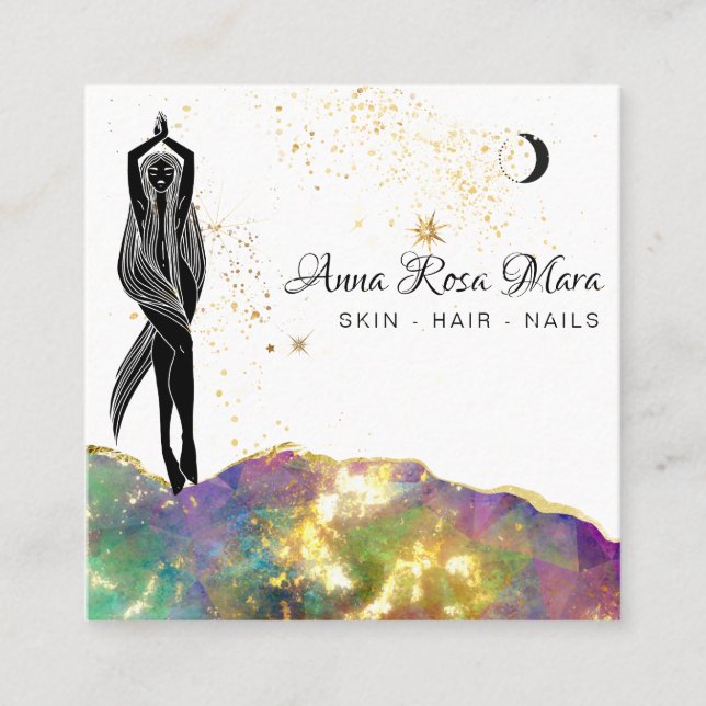 Cartão De Visita Quadrado *~* Opal Crystal Dourada Glitter Deusa QR (Frente)