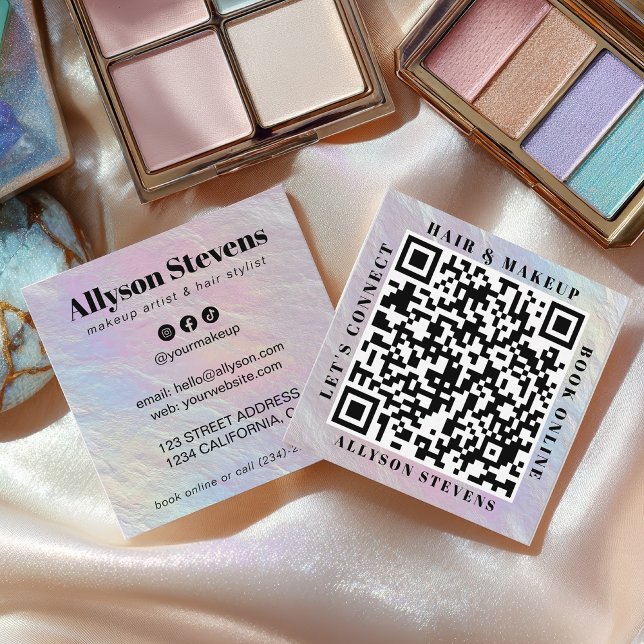 Cartão De Visita Quadrado Opalescent Pearl QR Code Hair Makeup Artist (Opalescent Pearl QR Code Hair Makeup Artist Square Business Card)