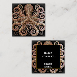 Cartão De Visita Quadrado Ornamentado de polvo Kraken Steampunk Dourado e pr