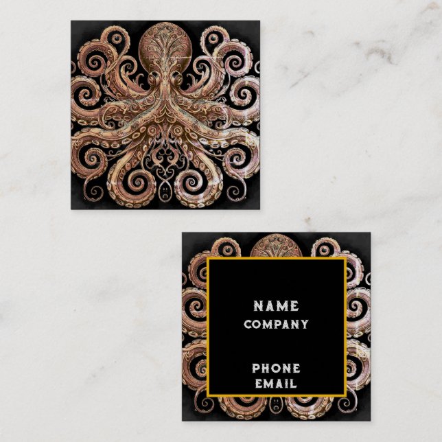 Cartão De Visita Quadrado Ornamentado de polvo Kraken Steampunk Dourado e pr (Frente/Verso)