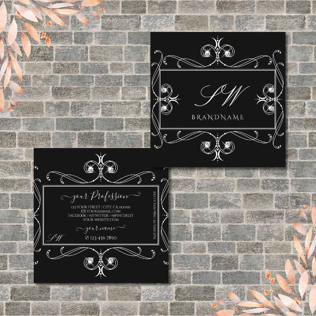 Cartão De Visita Quadrado Ornamentos de Iniciais de Joias Sparkle Pretas e B (Criador carregado)