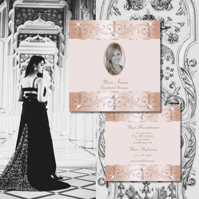 Cartão De Visita Quadrado Ornamentos de Ornamentados Dourados Rosa Luxuosos  (Criador carregado)