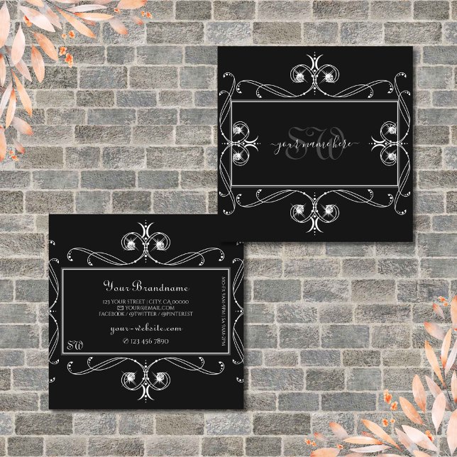 Cartão De Visita Quadrado Ornamentos do Monograma das Joias Sparkle Pretas e (Criador carregado)