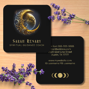 Cartão De Visita Quadrado Ouro Astrologia da Lua Treinador Espiritual