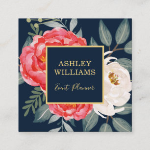 Cartão De Visita Quadrado Ouro botânico floral do vintage/do marinho