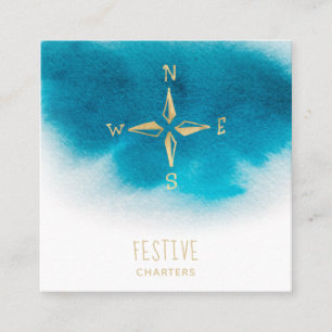 Cartão De Visita Quadrado *~* Ouro Compass Beach Ocean Beach Sea AP 13 Teal 